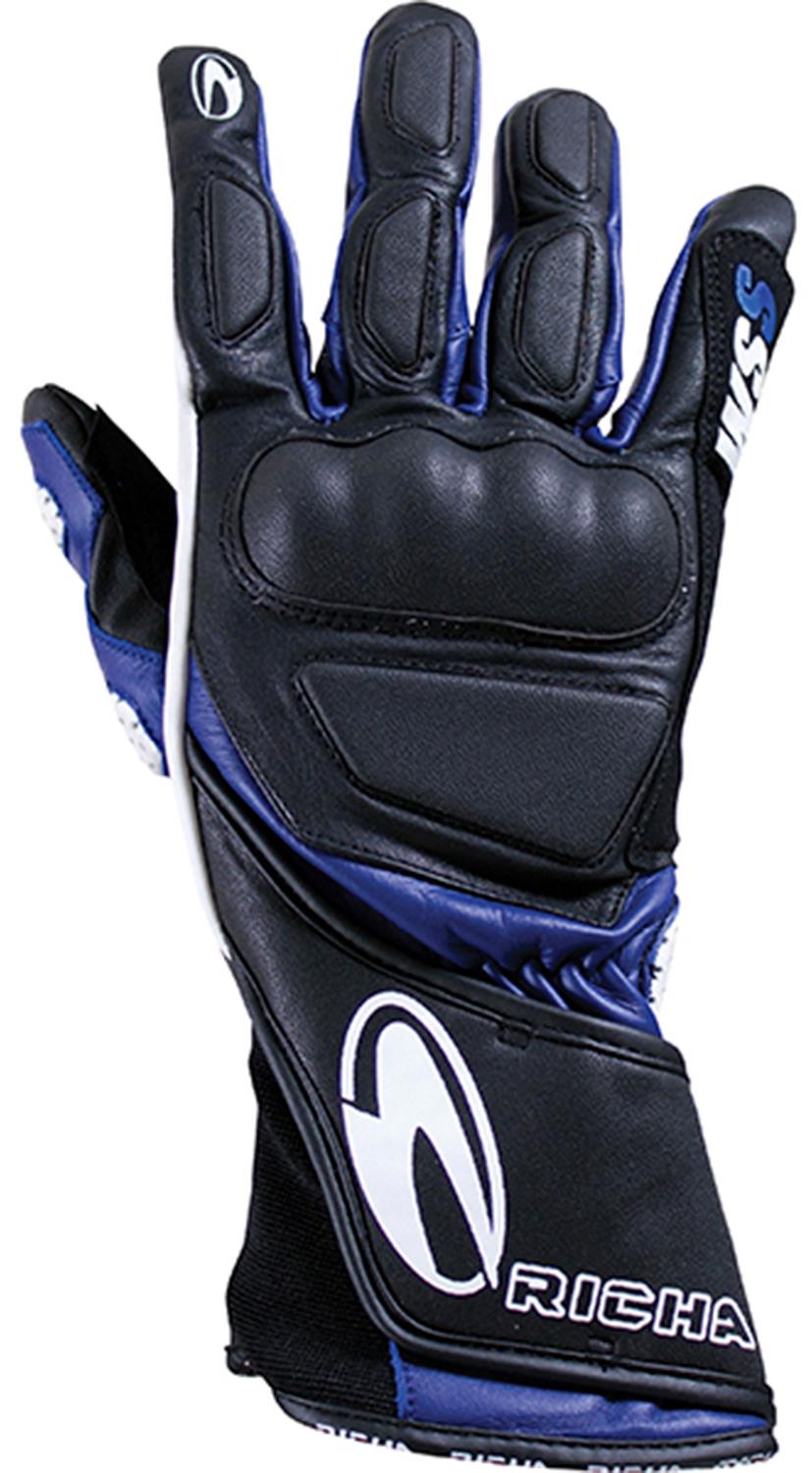Black and blue Richa WSS motorcycle glove with padded knuckles, white logo, and adjustable wrist strap.