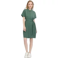 Green Ragwear Manilla women's shirt dress with short sleeves, button-up front, and waist tie.