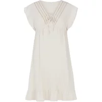 Cream-colored Protest Carvy women's robe with short sleeves, V-neckline, and ruffled hem.