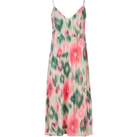 Sleeveless floral dress with pink and green watercolor pattern, V-neckline, and adjustable spaghetti straps.
