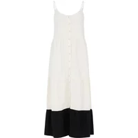 White sleeveless maxi dress with button front and black hem, by Protest Thecia.
