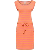 Striped orange and pink Ragwear Tagg women's t-shirt dress with cap sleeves and waist tie.