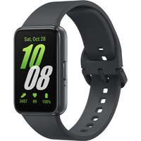 Grey Samsung Galaxy Fit3 smartwatch with 1.6" AMOLED touchscreen, black band, and digital display showing time and health stats.