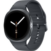 Graphite Samsung Galaxy Watch 8 44mm 4G Smartwatch with round face, black band, and minimalist digital display.
