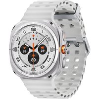 Samsung Galaxy Watch Ultra with silver bezel, white perforated strap, and round AMOLED display showing digital time.