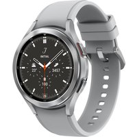 Silver Samsung Galaxy Watch4 Classic with black OLED display, 46mm case, and gray adjustable silicone strap.