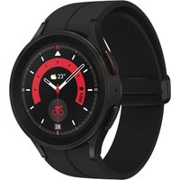 Black Samsung Galaxy Watch5 45mm LTE with titanium case, red and black digital display, and black silicone band.