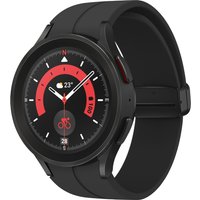 Black Samsung Galaxy Watch5 Pro with round OLED display, red and black digital interface, and black silicone band.