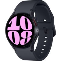 Black Samsung Galaxy Watch6 with round face, pink digital numbers, and black sport band.