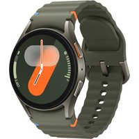 Samsung Galaxy Watch7 LTE 40mm, olive green band, round face, digital display with orange and green accents.