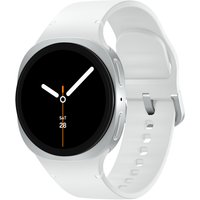 Samsung Galaxy Watch8, 40mm, silver case, black circular display, white silicone band, minimalist design.