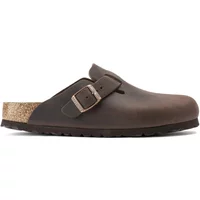 Brown Birkenstock Boston clogs with adjustable buckle strap and cork sole.