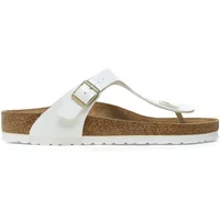 White Birkenstock Gizeh sandals with Birko-Flor patent strap, cork footbed, and adjustable buckle.