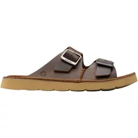 Brown Clarks Solsbury Strap sandals with two adjustable buckles and a beige rubber sole.