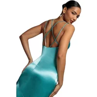 Teal satin cowl neck dress with thin crisscross straps, fitted silhouette, and smooth, shiny finish by Goddiva.