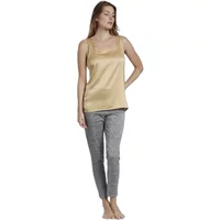 Gold satin women's T-shirt by Admas, sleeveless with a scoop neckline, paired with gray pants.