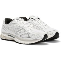 White and black Saucony ProGrid Guide 7 trainers with mesh upper, cushioned sole, and lace-up design.