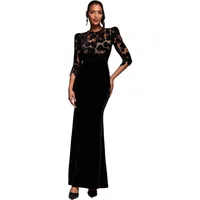 Black scalloped velvet maxi dress with sheer lace sleeves and fitted bodice by Goddiva.