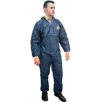 Navy blue Scan disposable overall with hood, zip front, and elastic cuffs, size medium (36-39 inches).