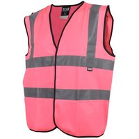 Pink hi-vis waistcoat with grey reflective stripes, black trim, and front closure, size medium (41 inches).