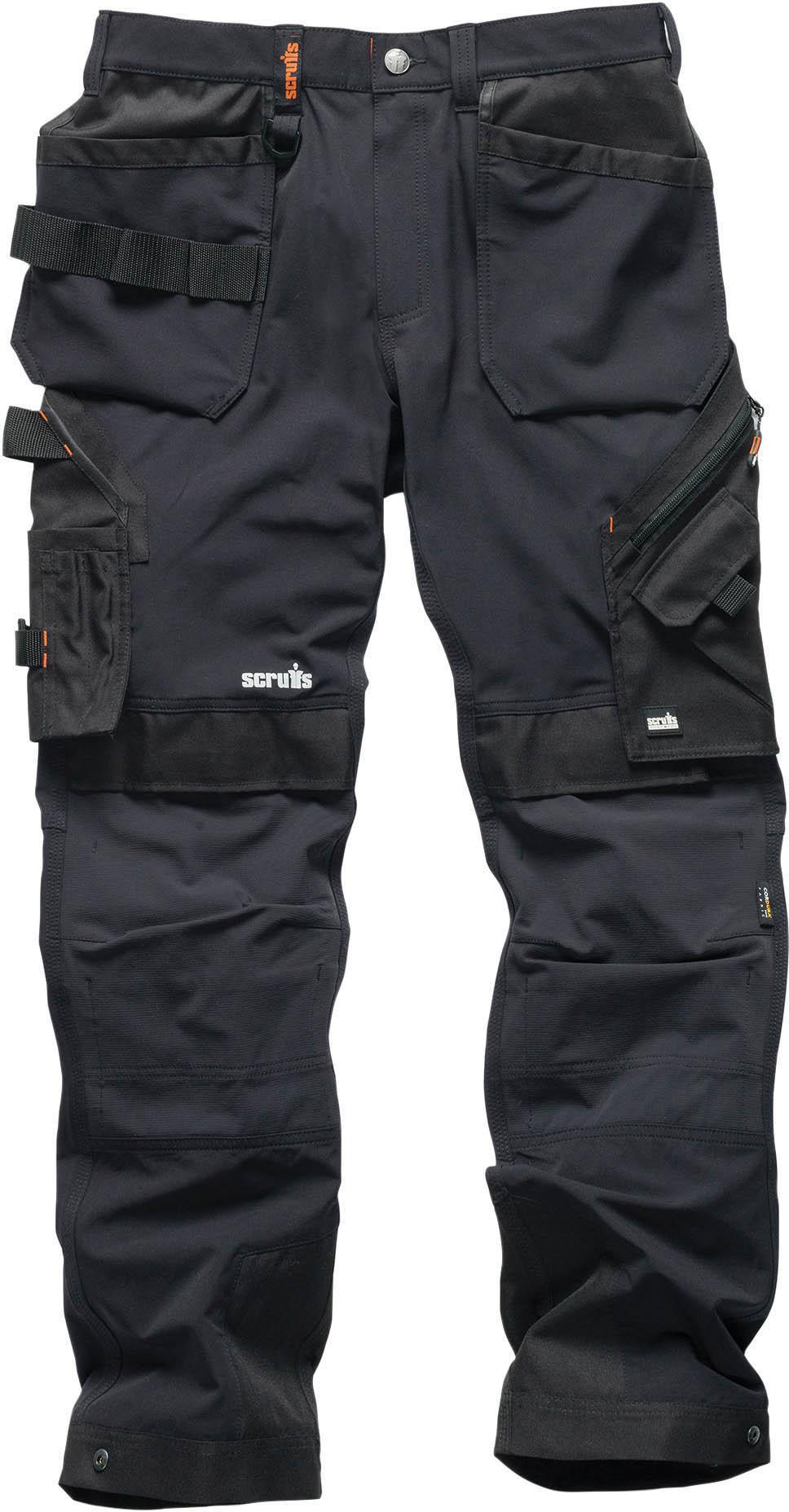 Black Scruffs Pro Flex Plus Holster Trousers with multiple pockets, reinforced knees, and orange accents, size 36R.
