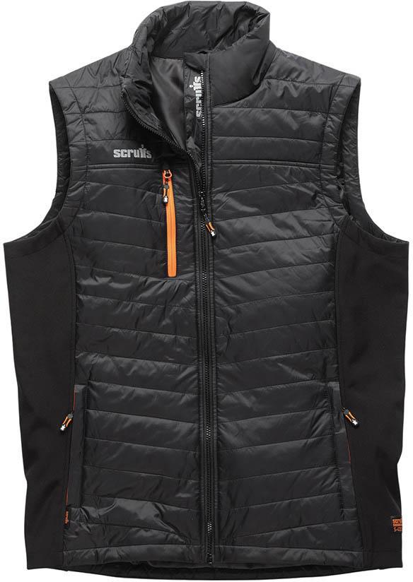 Black Scruffs Trade Bodywarmer L with quilted front, orange zipper accents, and high collar.