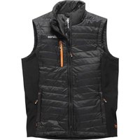 Black Scruffs Trade Bodywarmer with quilted front, orange zipper accents, and high collar.
