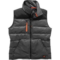 Gray Scruffs Worker Bodywarmer with black shoulders, orange zipper accents, and two front pockets.