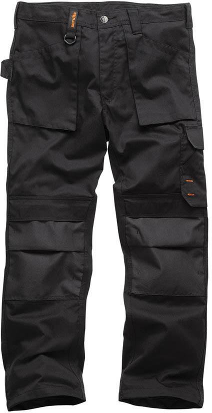 Black Scruffs worker trousers with multiple pockets, reinforced knees, and a loop for tools, size 34S.