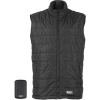 Black quilted Sealey heated bodywarmer with stand collar, front zipper, and matching compact 10ah power bank.