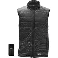 Black Sealey heated bodywarmer with quilted design and high collar, paired with a compact 20ah power bank.