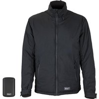 Black Sealey heated rain jacket with stand-up collar and front zipper, includes compact black 10ah power bank.