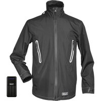Black Sealey heated rain jacket with zip pockets and high collar, paired with a compact black 20ah power bank.