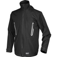 Black Sealey 5v heated rain jacket with high collar, zippered pockets, and adjustable cuffs, no powerbank included.