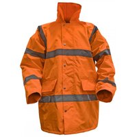 Hi-vis orange motorway jacket with quilted lining, reflective stripes, and front pockets, size X-Large.