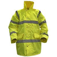 Hi-vis yellow motorway jacket with quilted lining, reflective stripes, and front pockets, size XX-Large.