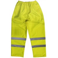 Hi-Vis yellow waterproof trousers with reflective stripes, elastic waistband, and straight leg design.