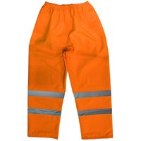 Hi-vis orange waterproof trousers with reflective stripes and elastic waistband, size X-Large by Sealey.