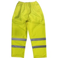 Yellow Sealey Hi Vis waterproof trousers with reflective stripes and elastic waistband.