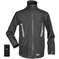 Black Sealey heated rain jacket with white zip accents, high collar, and included black power bank.