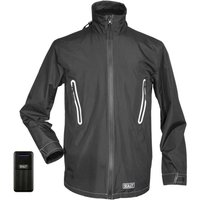 Black Sealey heated rain jacket with high collar, zip pockets, and included black power bank.