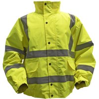 Yellow Sealey hi-vis jacket with quilted lining, reflective stripes, snap buttons, and front pockets.