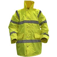 Yellow Sealey hi-vis motorway jacket with quilted lining, reflective stripes, and front pockets.