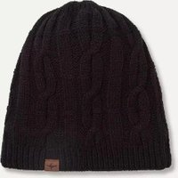 Black cable knit beanie with ribbed edge and small brown logo patch, designed for waterproof cold weather protection.