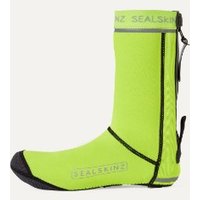 Bright yellow Sealskinz cycle overshoes with black trim, open sole, rear zipper, and reflective strip.