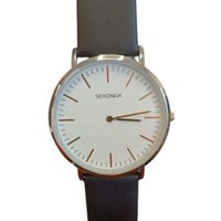 Sekonda men's watch with white dial, silver case, black hour markers, and genuine black leather strap.