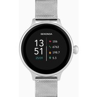 Silver Sekonda smart watch with round face, digital display, and stainless steel mesh bracelet.