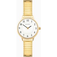 Gold Sekonda ladies watch with brass case, stainless steel expander bracelet, and white dial with black numerals.