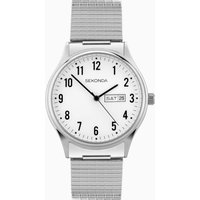 Silver Sekonda ladies watch with white dial, black numerals, day-date display, and stainless steel bracelet.