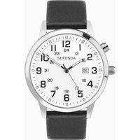 Silver Sekonda men's watch with black leather strap, white dial, bold black numerals, and date display.